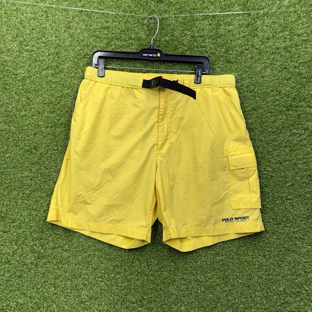 Vintage Polo Sport Ralph Lauren Cargo Shorts Mens Large Yellow Belted Hiking